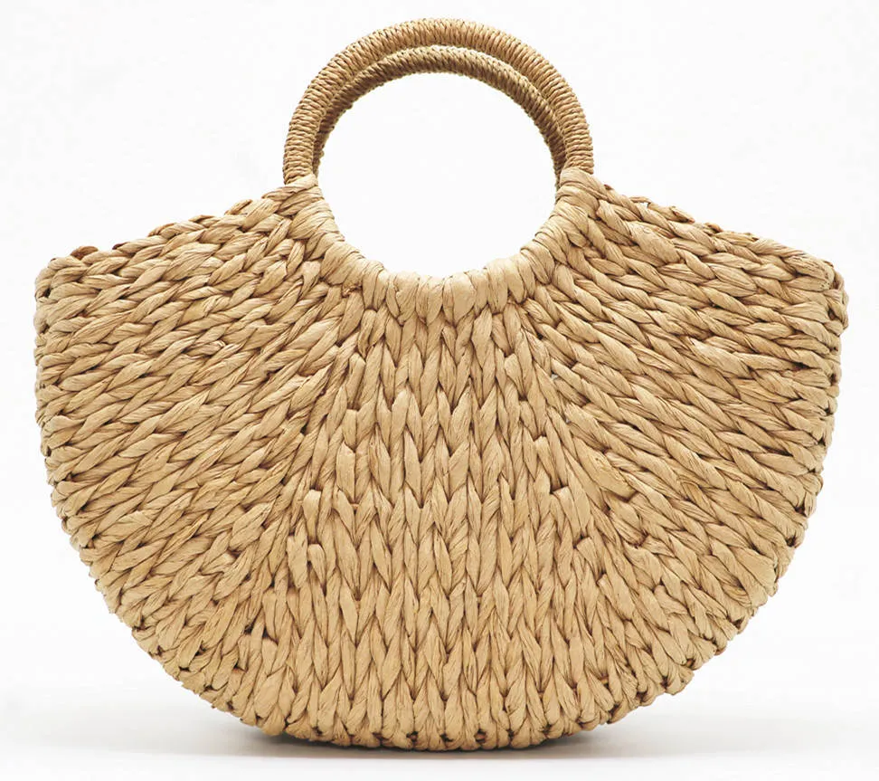 2023 New Handmade Bag Women Pompon Beach Weaving Ladies Paper Straw Bag Wrapped Beach Bag Moon Shape