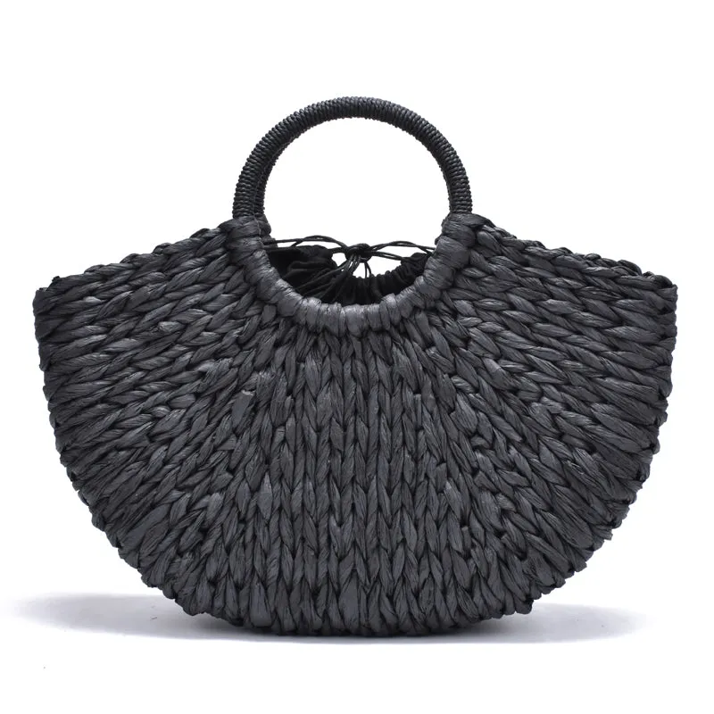 2023 New Handmade Bag Women Pompon Beach Weaving Ladies Paper Straw Bag Wrapped Beach Bag Moon Shape