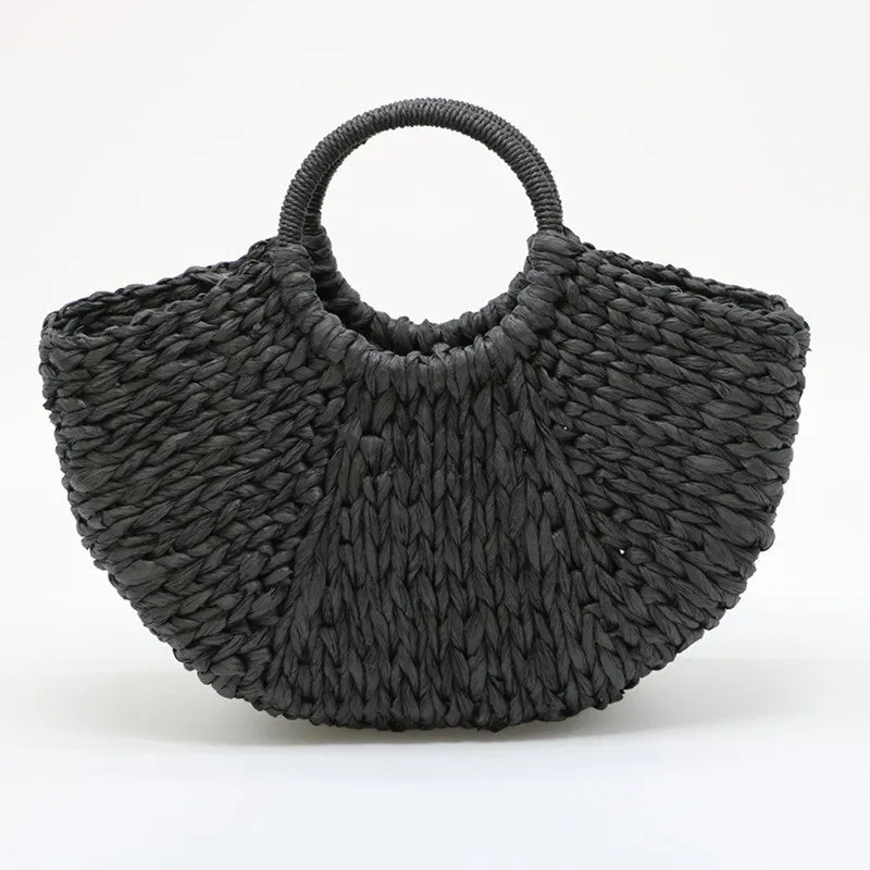 2023 New Handmade Bag Women Pompon Beach Weaving Ladies Paper Straw Bag Wrapped Beach Bag Moon Shape