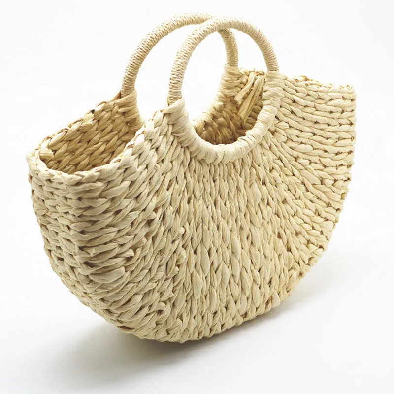 2023 New Handmade Bag Women Pompon Beach Weaving Ladies Paper Straw Bag Wrapped Beach Bag Moon Shape