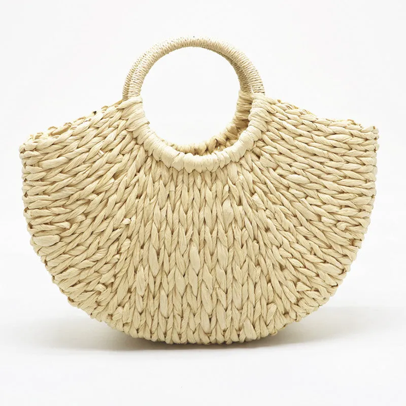 2023 New Handmade Bag Women Pompon Beach Weaving Ladies Paper Straw Bag Wrapped Beach Bag Moon Shape