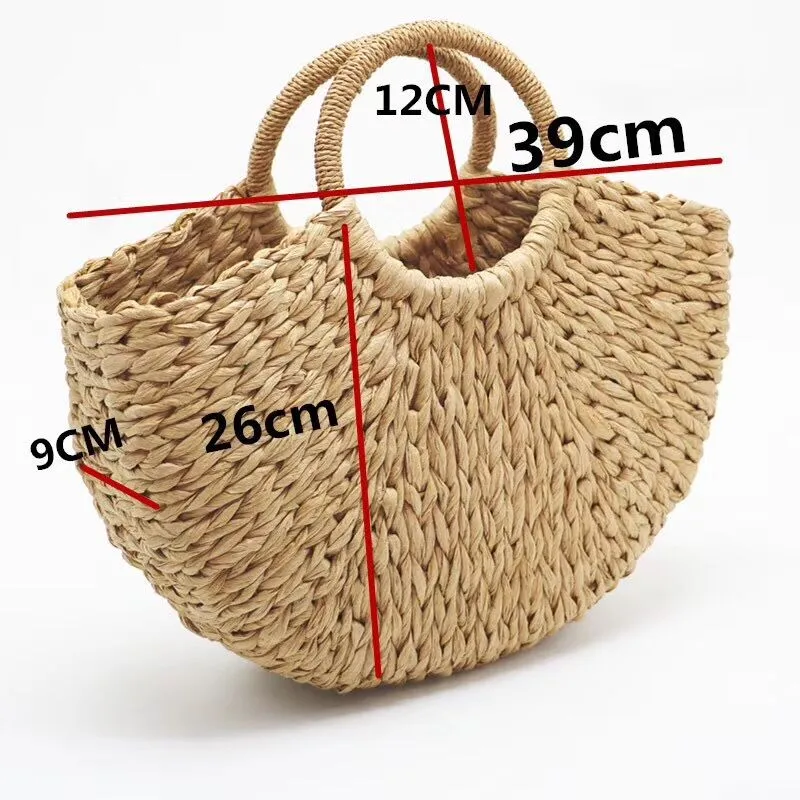 2023 New Handmade Bag Women Pompon Beach Weaving Ladies Paper Straw Bag Wrapped Beach Bag Moon Shape