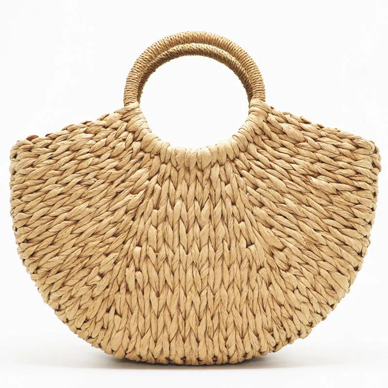 2023 New Handmade Bag Women Pompon Beach Weaving Ladies Paper Straw Bag Wrapped Beach Bag Moon Shape