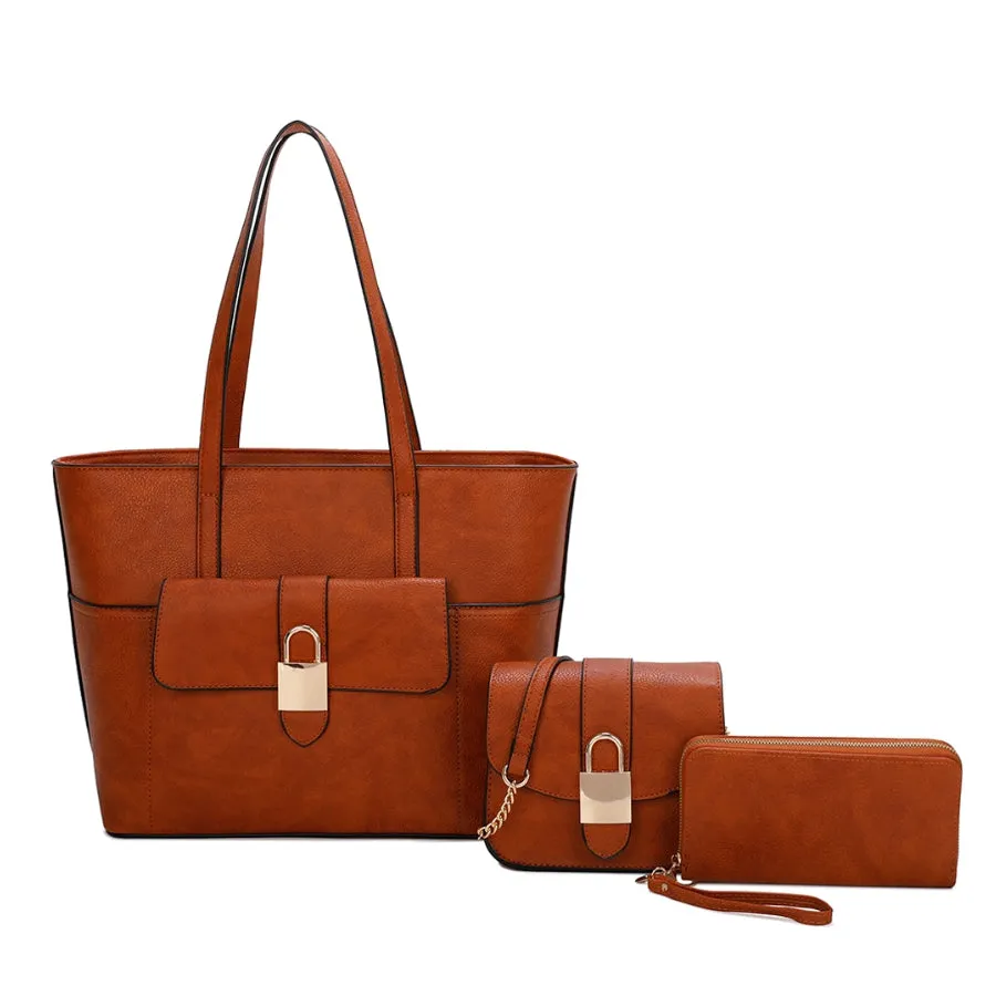 3-in-1 decorated lock tote set - brown