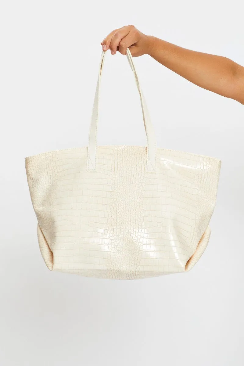 Beige Croc Effect Tote Bag