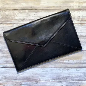 Black Leather Clutch by John Romain. Large Envelope Style Handbag. Circa 1970. Gift for Her.