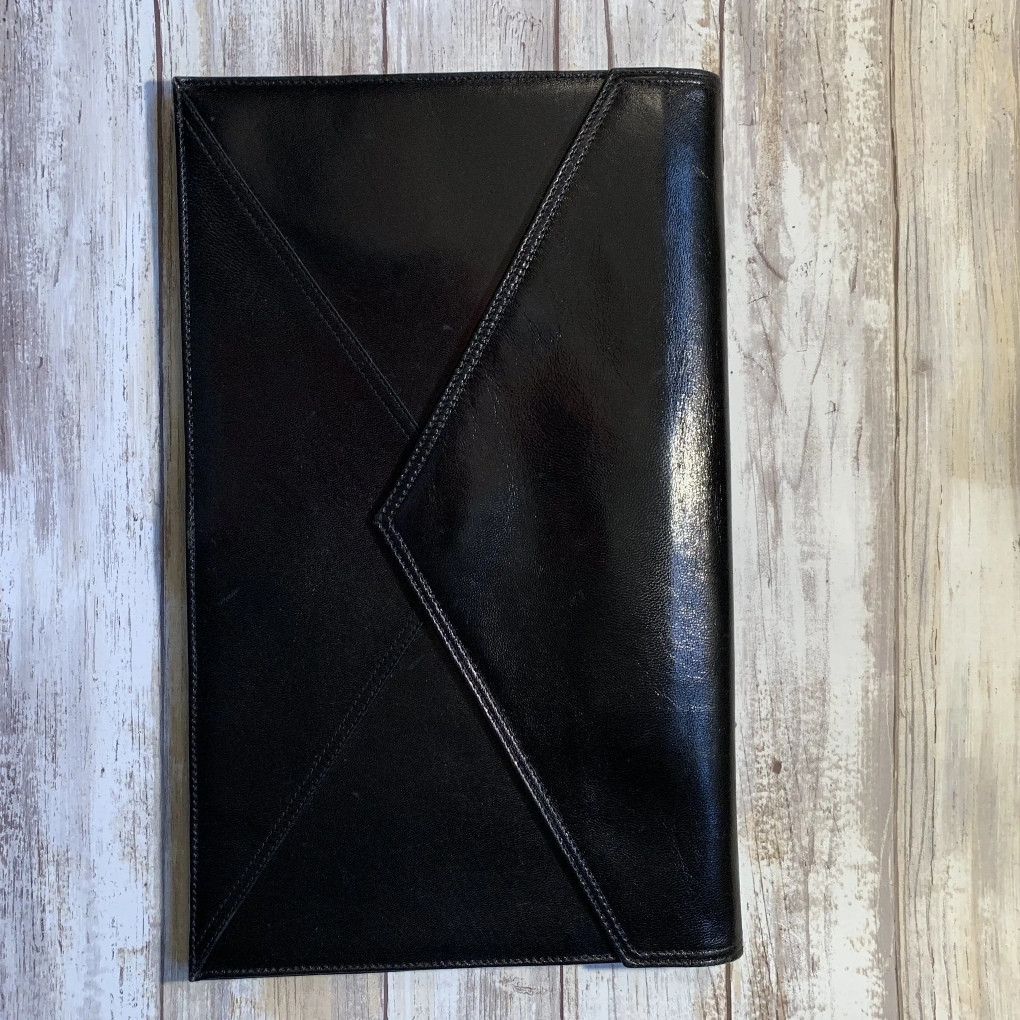 Black Leather Clutch by John Romain. Large Envelope Style Handbag. Circa 1970. Gift for Her.