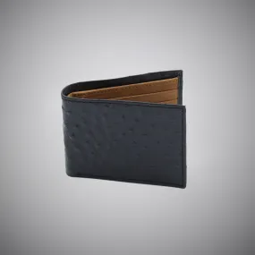 Black Ostrich Skin Embossed Calf Leather Wallet With Tan Suede Interior