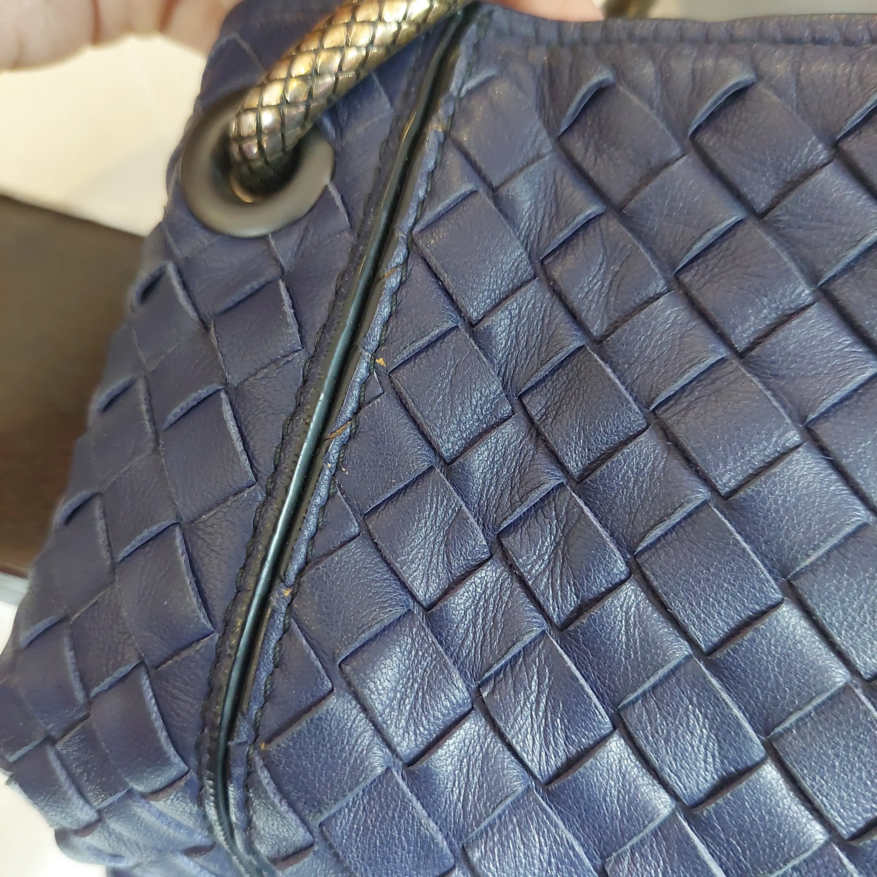 Bottega Veneta Navy Blue Intrecciato Leather Shoulder Bag | Pre Loved |