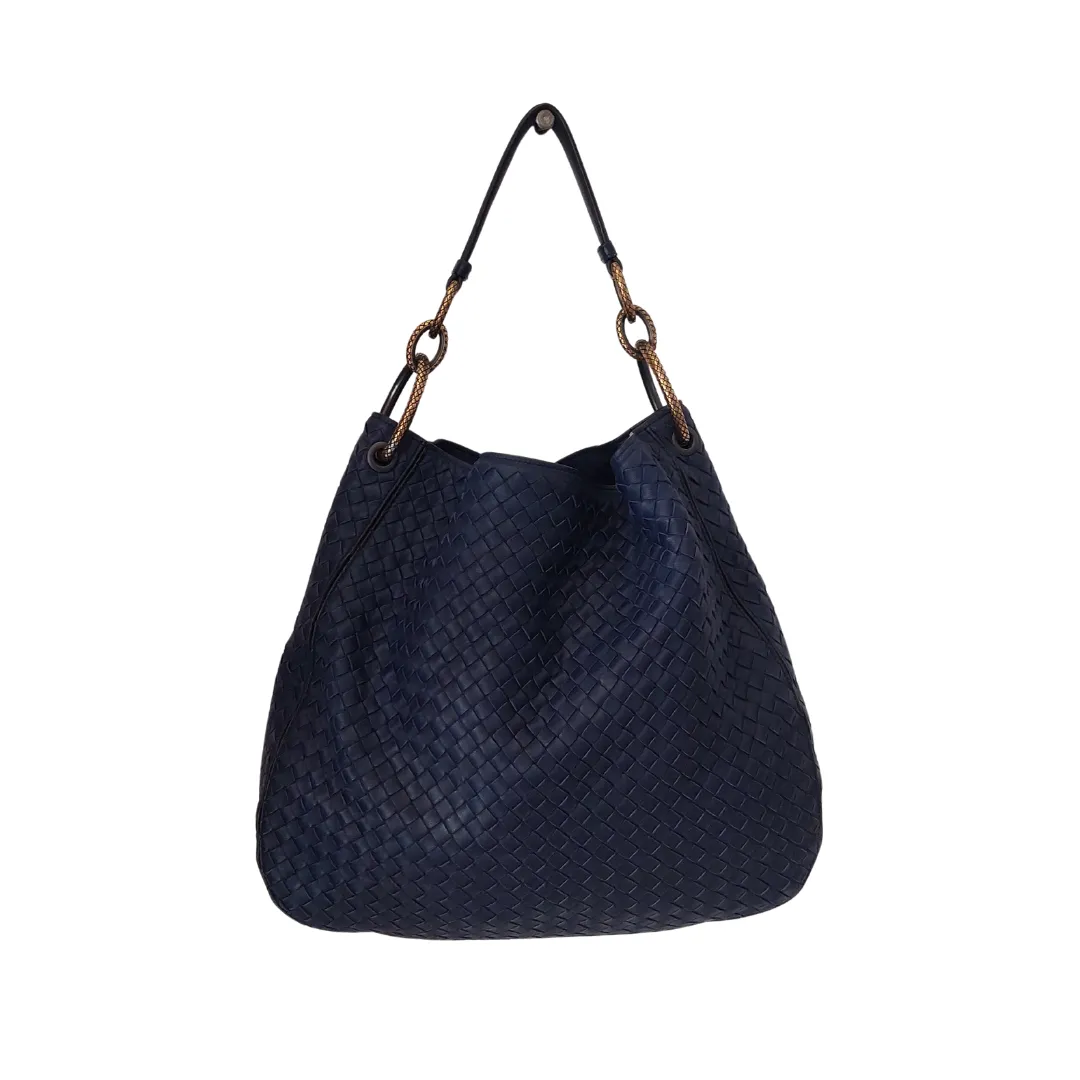 Bottega Veneta Navy Blue Intrecciato Leather Shoulder Bag | Pre Loved |