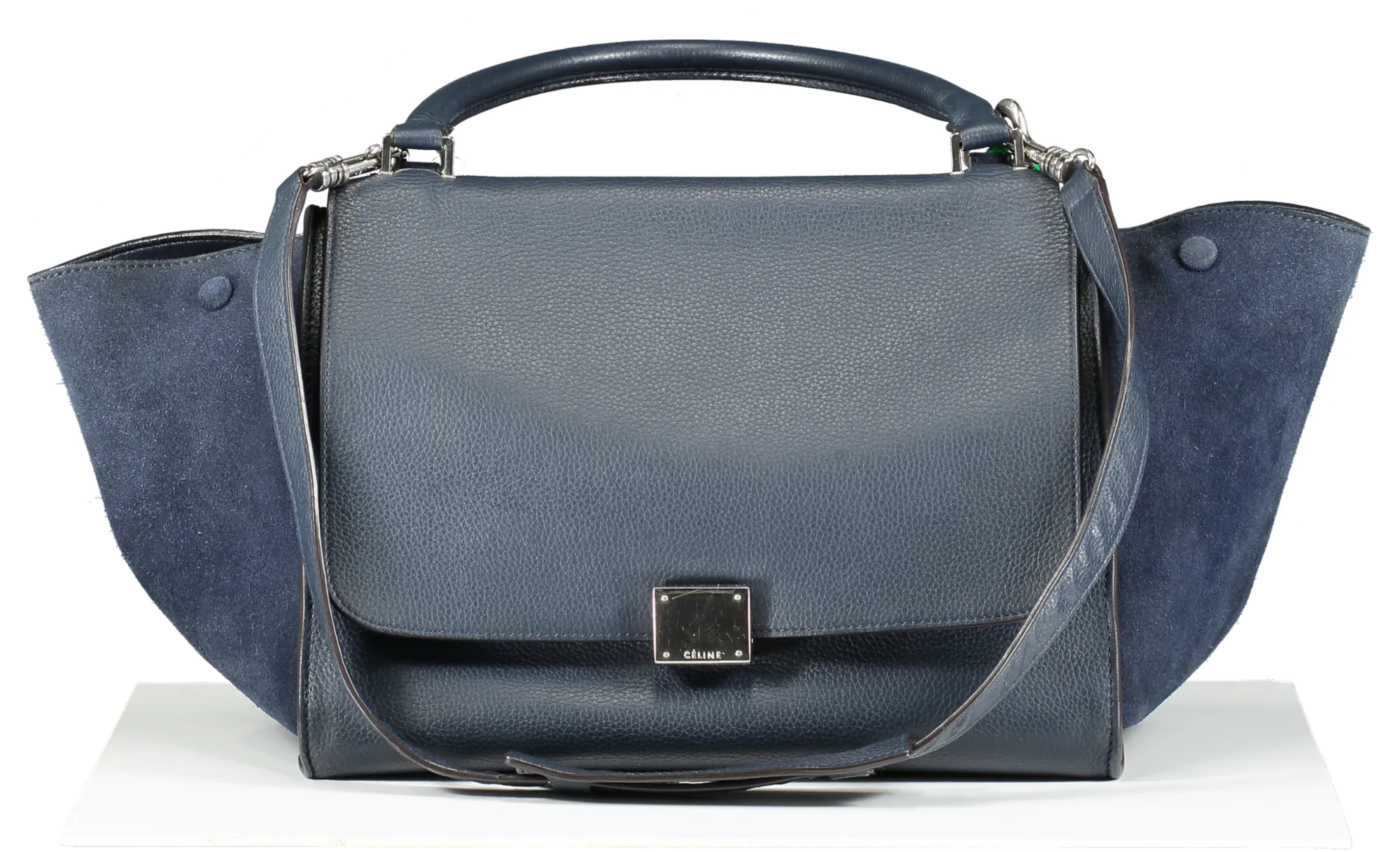 Celine Blue Navy Calfskin & Suede Medium Trapeze Bag Silver Hardware