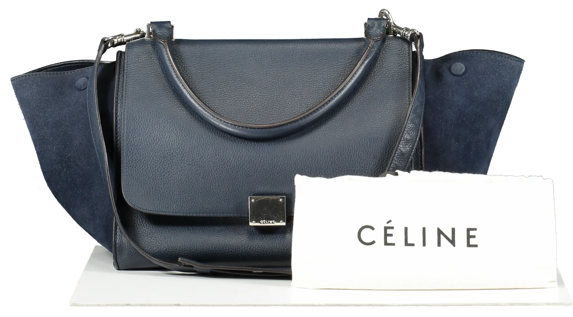 Celine Blue Navy Calfskin & Suede Medium Trapeze Bag Silver Hardware