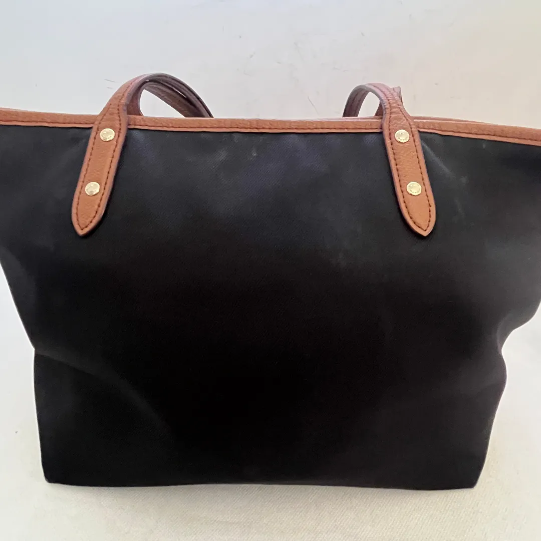 Pre Loved Coach Black Nylon Shoulder Bag with Tan Leather Trim - Optimized E-commerce Product Title