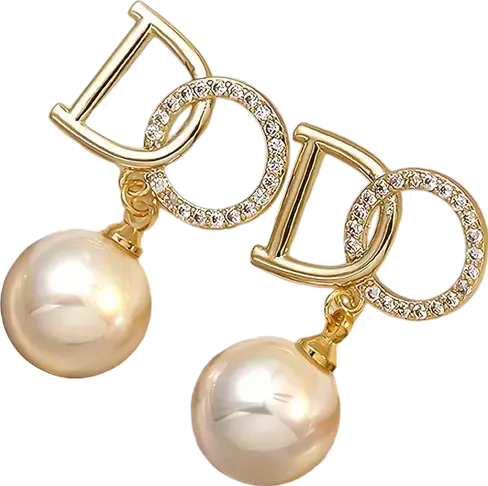 Gold/ Diamante And Pearl D Logo Earrings