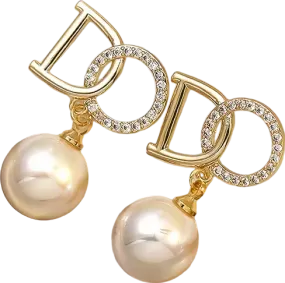 Gold/ Diamante And Pearl D Logo Earrings