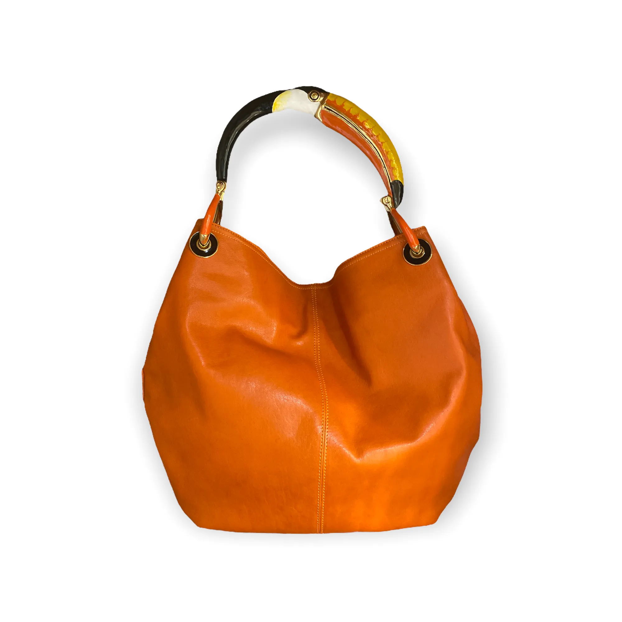 GRANDE BORSA IN MORBIDA PELLE ARANCIO CON MANICO TUCANO