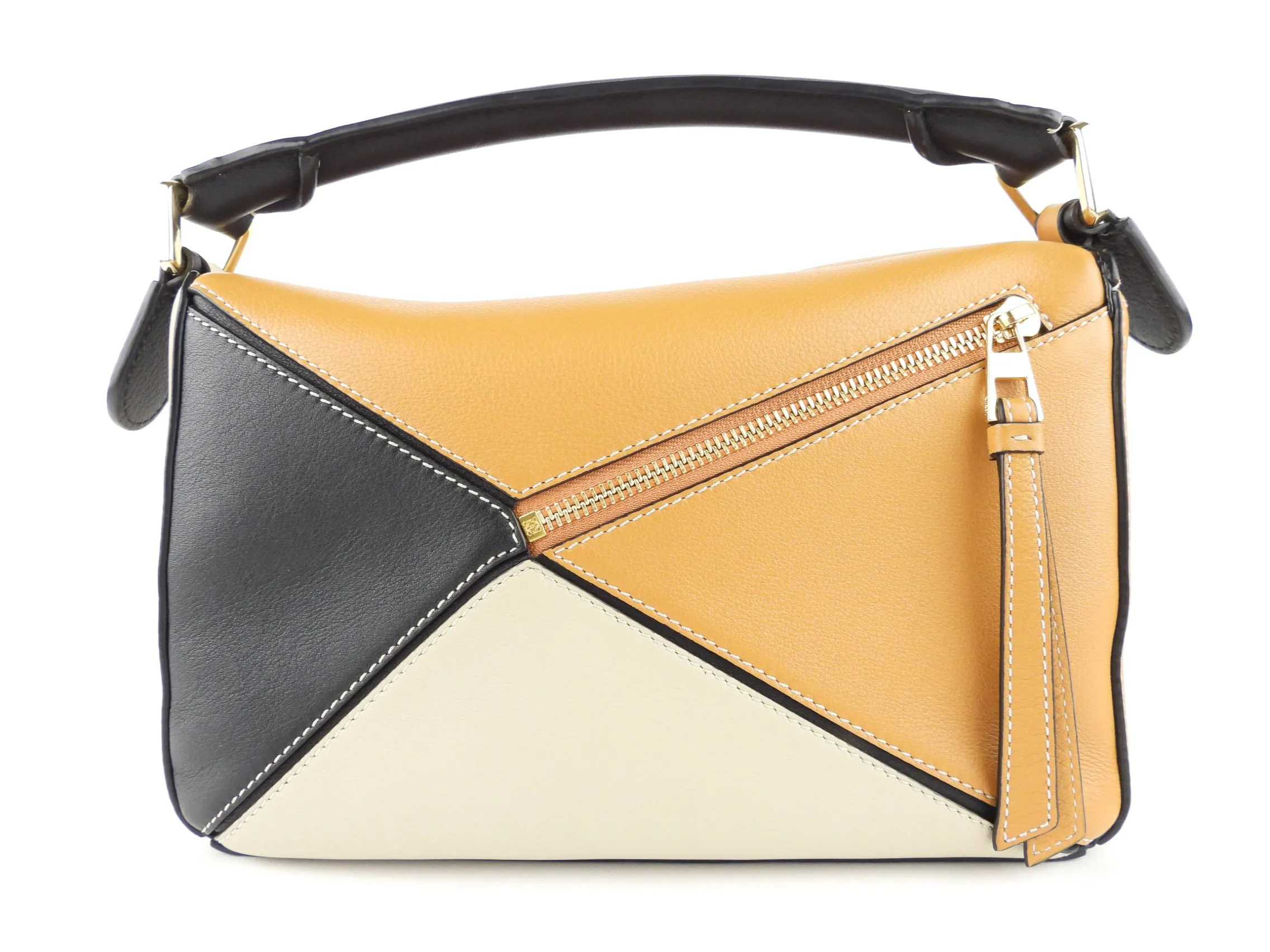 Loewe Tan, Cream and Black Leather Puzzle Two Way Bag