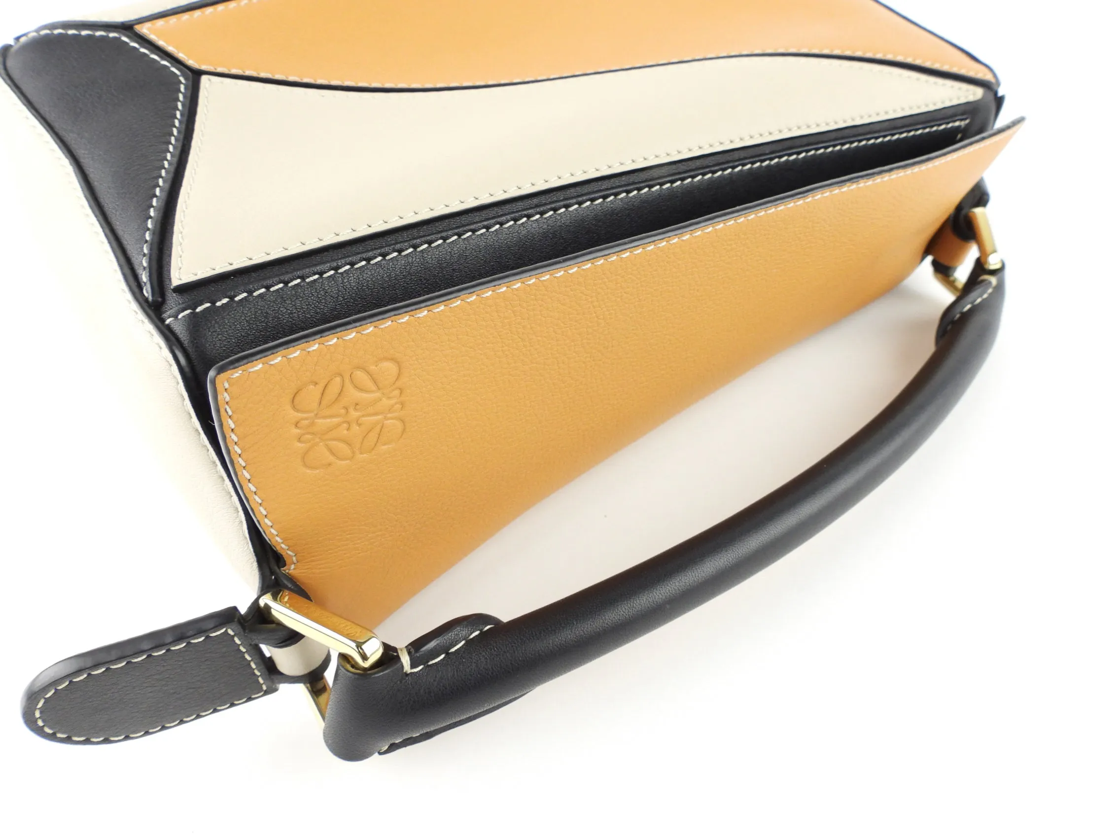 Loewe Tan, Cream and Black Leather Puzzle Two Way Bag