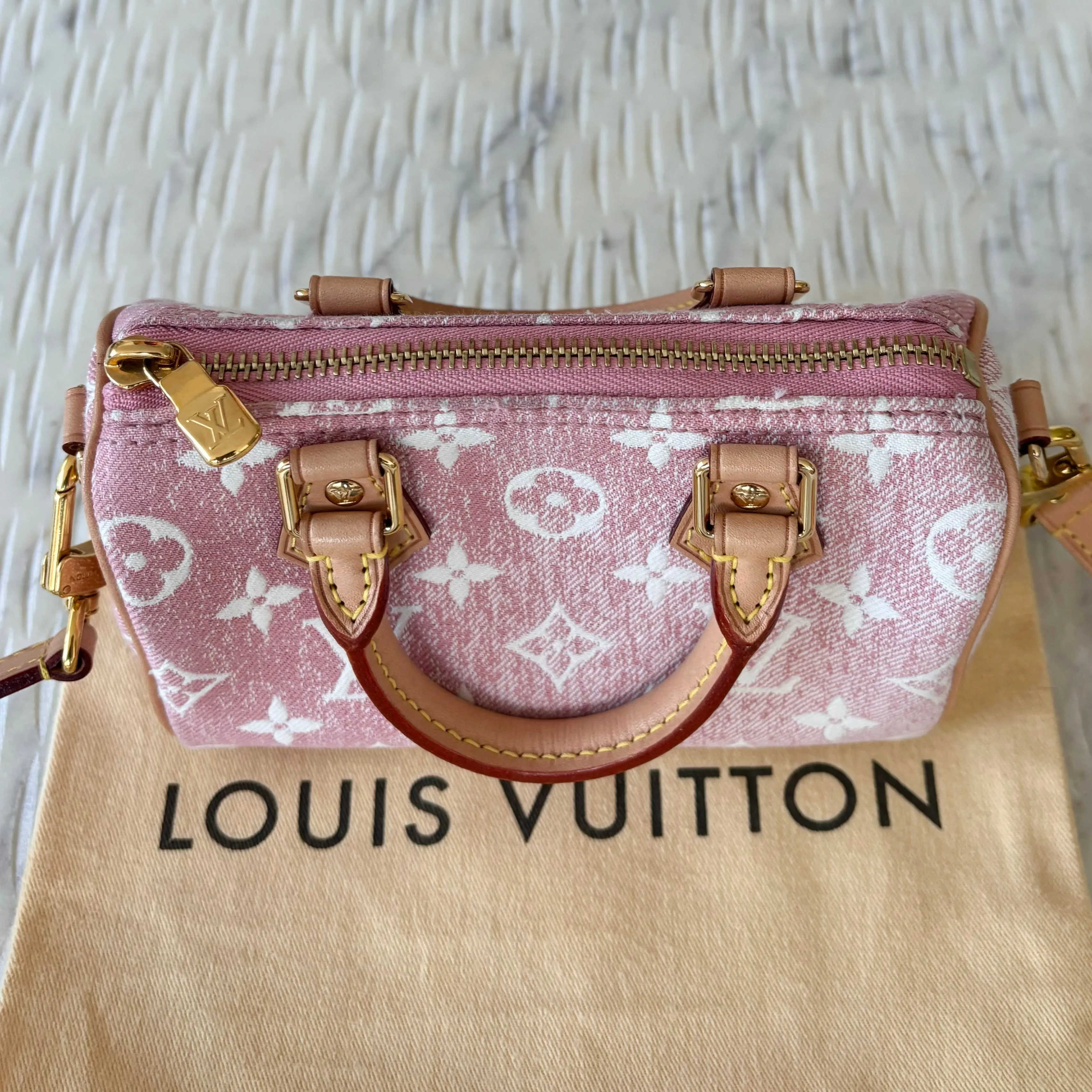 LOUIS VUITTON Pink Denim Monogram Nano Speedy Bag