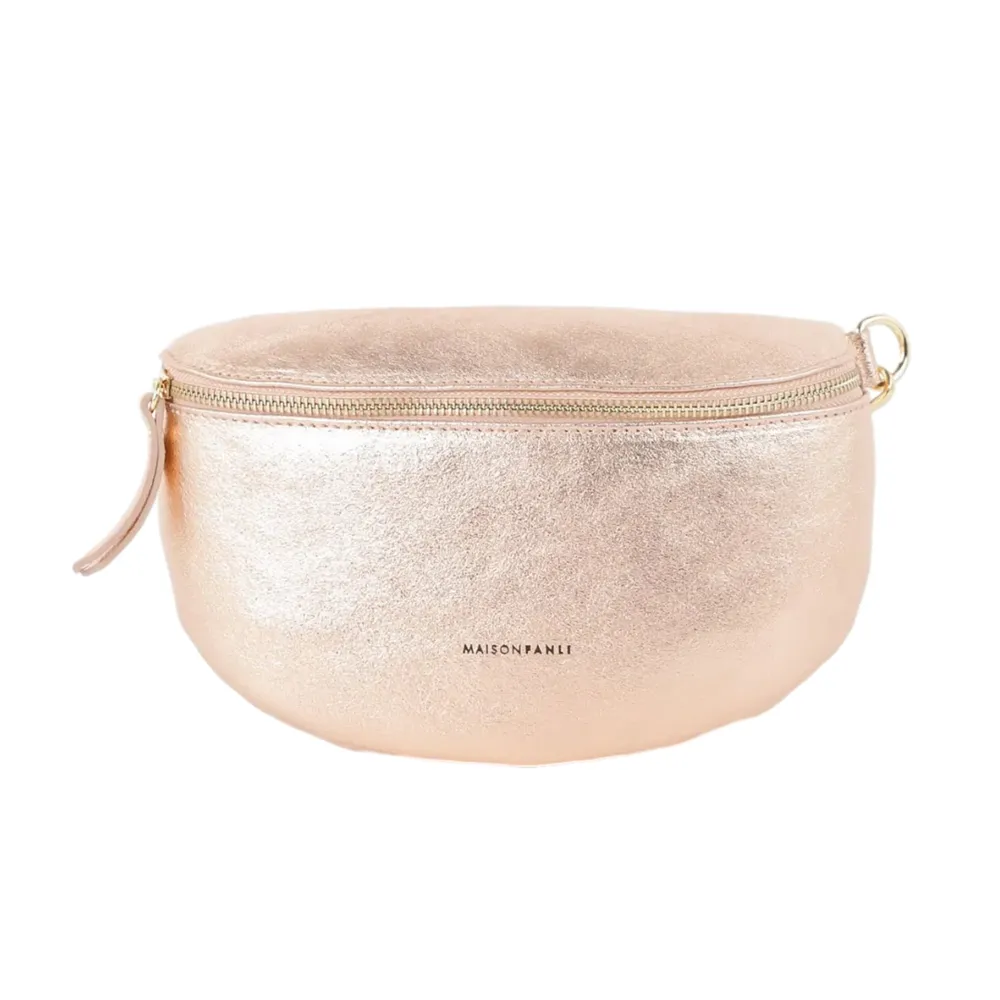 Optimized title for this e-commerce product: Chic Metallic Rose Leather Crossbody Bag by Maison Fanli