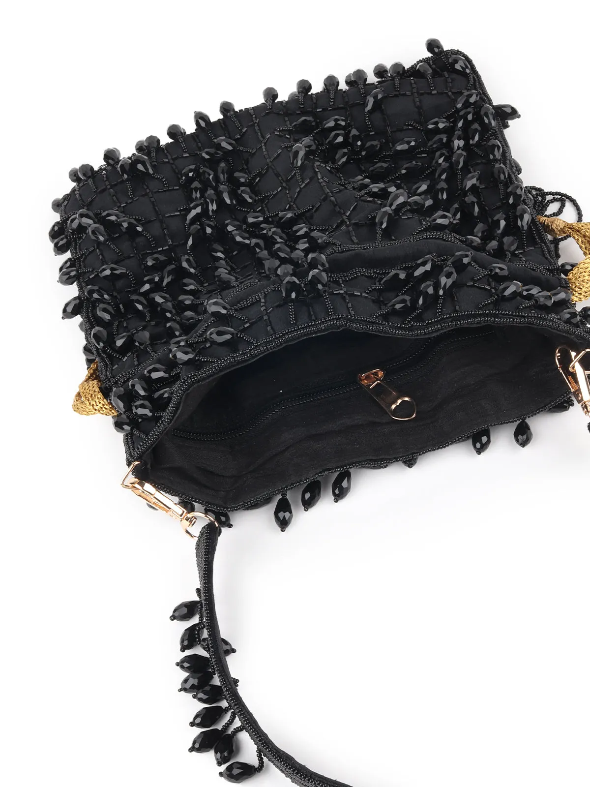 Odette Black Beads Embroidered Tassels Potli Bag for Women