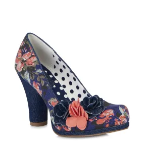 Ruby Shoo Eva Denim Blue and Pink Floral Court Shoe