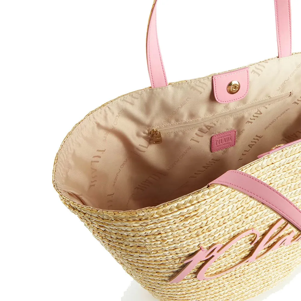 Shopping Bag Media 1A Classe Alviero Martini linea Island Bag in Paglia con Inserti Rosa Bubble LA61